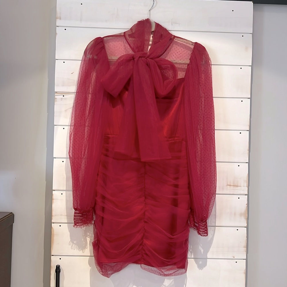 Zara hot pink dress with beautiful tulle sleeves and bow. Size XS.